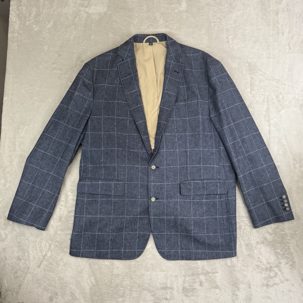 Orvis Windowpane Sport Coat Blazer Linen Blend Men 46R Blue Jacket Old Money Vtg
